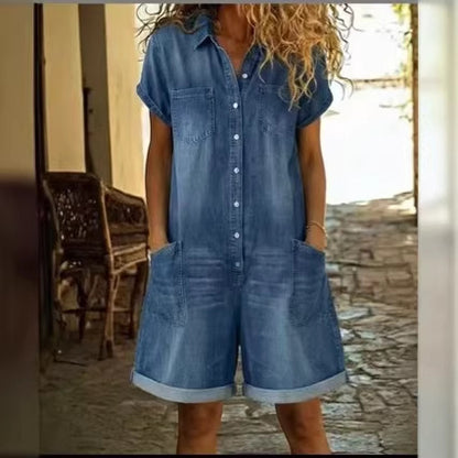 Combinaison Short en Denim Lavé à Manches Courtes avec Poches