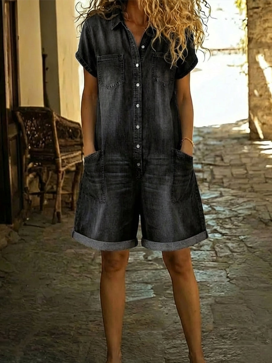 Combinaison Short en Denim Lavé à Manches Courtes avec Poches
